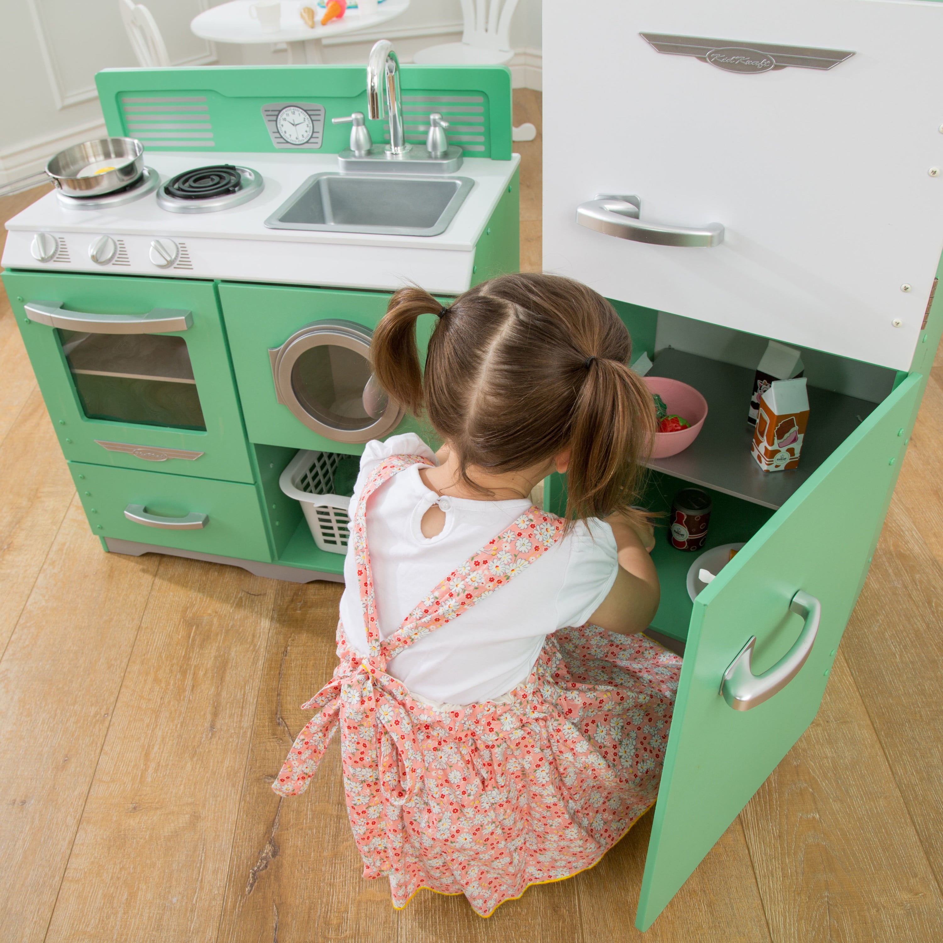 Homestyle 2-Piece Wooden Vintage Play Kitchen Set with Refrigerator, Dryer and Laundry Basket