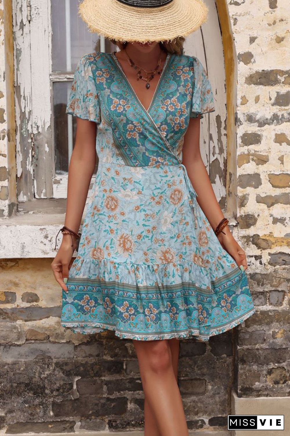 Green Floral V Neck Dress Wholesale