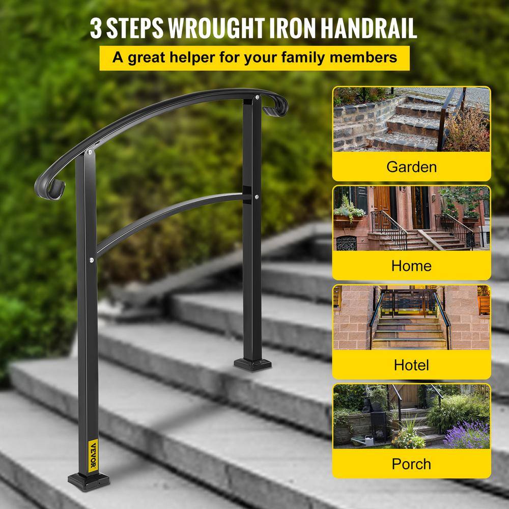 VEVOR 3 ft. Handrails for Outdoor Steps Fits 2 or 3 Steps Stair Rail Wrought Iron Handrail Matte Black LTFS3BHSLG0000001V0