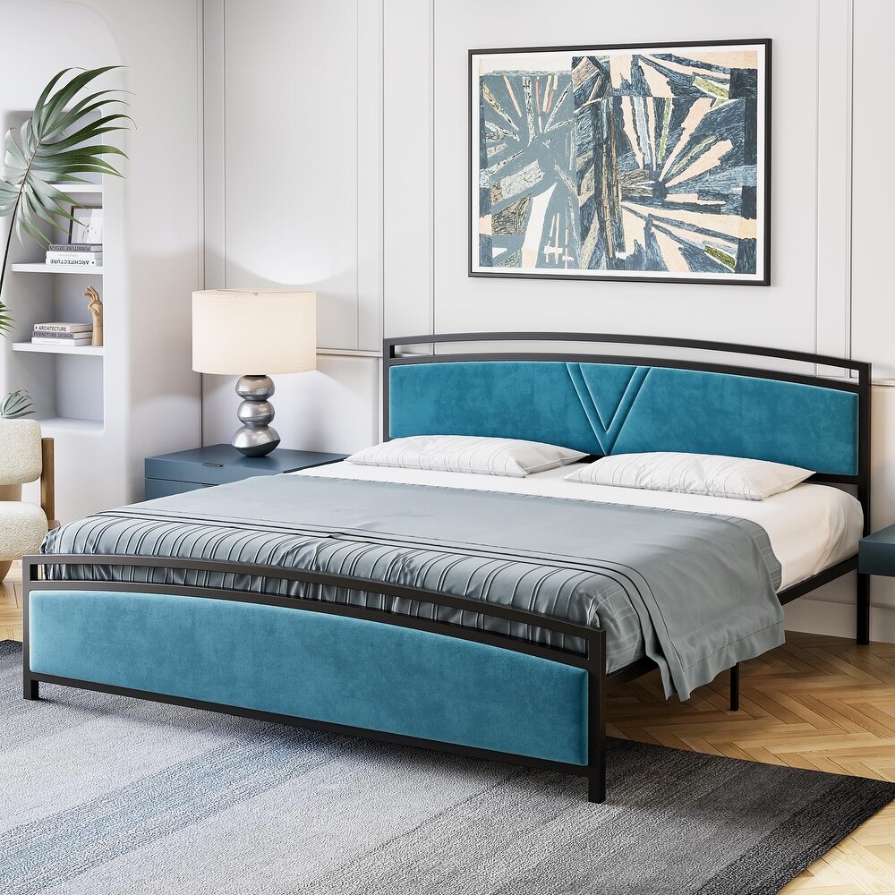 Velvet Upholstered Bed Frame with Tufted Headboard