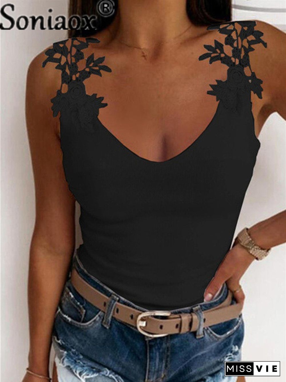 Sexy V-Neck Lace Vest Sleeveless Women Summer New Slim Casual Tees Solid Color Ladies Splice T-Shirt Tops S-5Xl