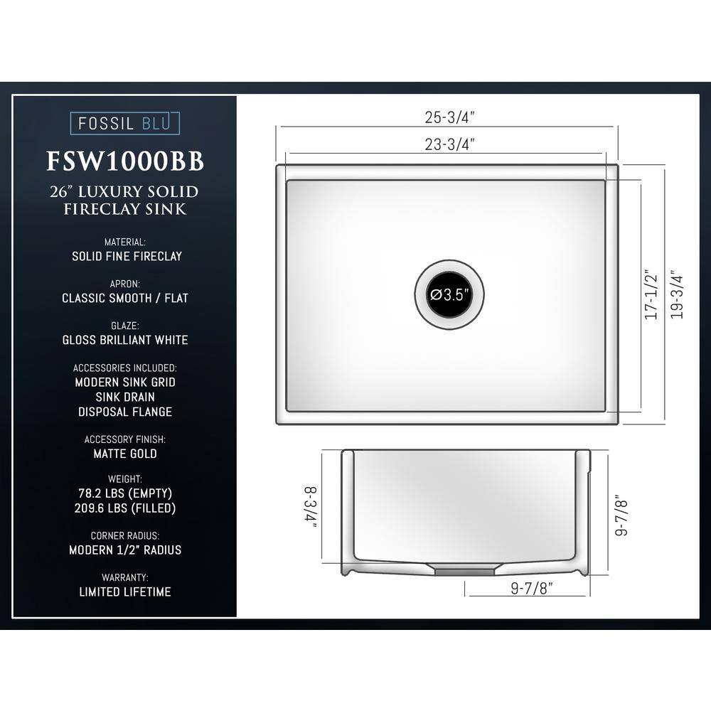 Fossil Blu Luxury White Solid Fireclay 26 in. Single Bowl Farmhouse Apron Kitchen Sink with Matte Gold Accs and Flat Front WHS1000BB