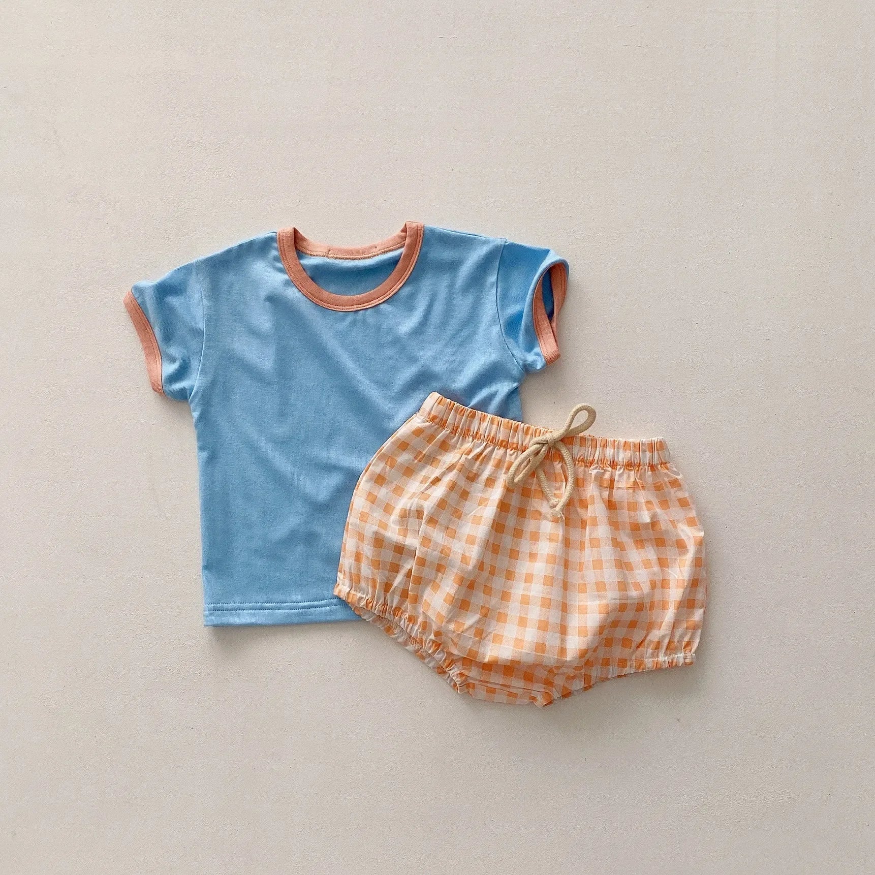 Infant Newborn Girls Boys Summer Short Sleeve Patch Top Tees Plaid Bottoms Kids Baby Clothing Cotton Sets 2pcs 0-24M