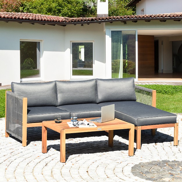 Costway 3pcs Patio Sofa Furniture Set Thick Cushion Acacia Wood