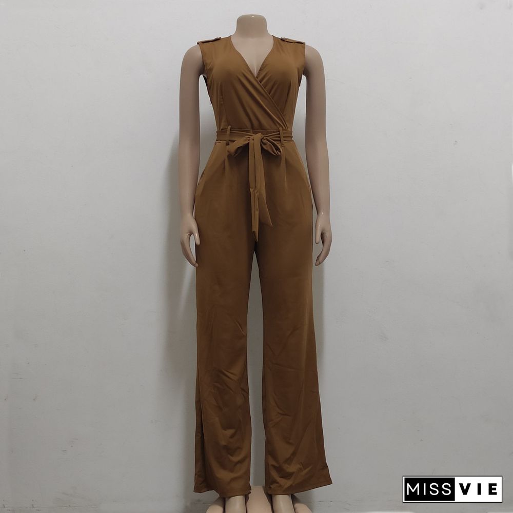 V Neck with Sashes Elegant Straight Leg Jumpsuits