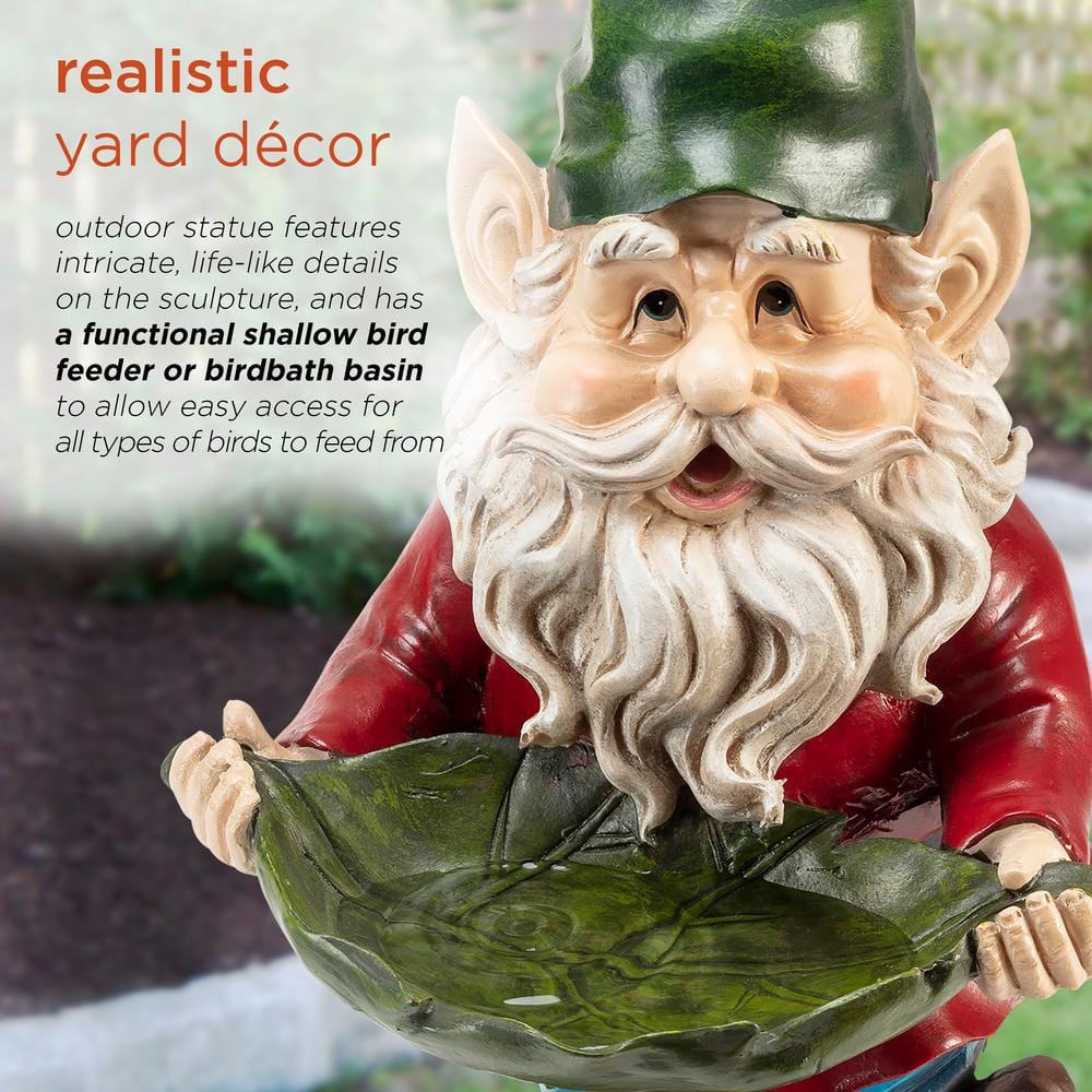 Alpine Corporation 16 in. Tall Outdoor Garden Gnome and Bird Feeder Yard Statue Decoration WAC208