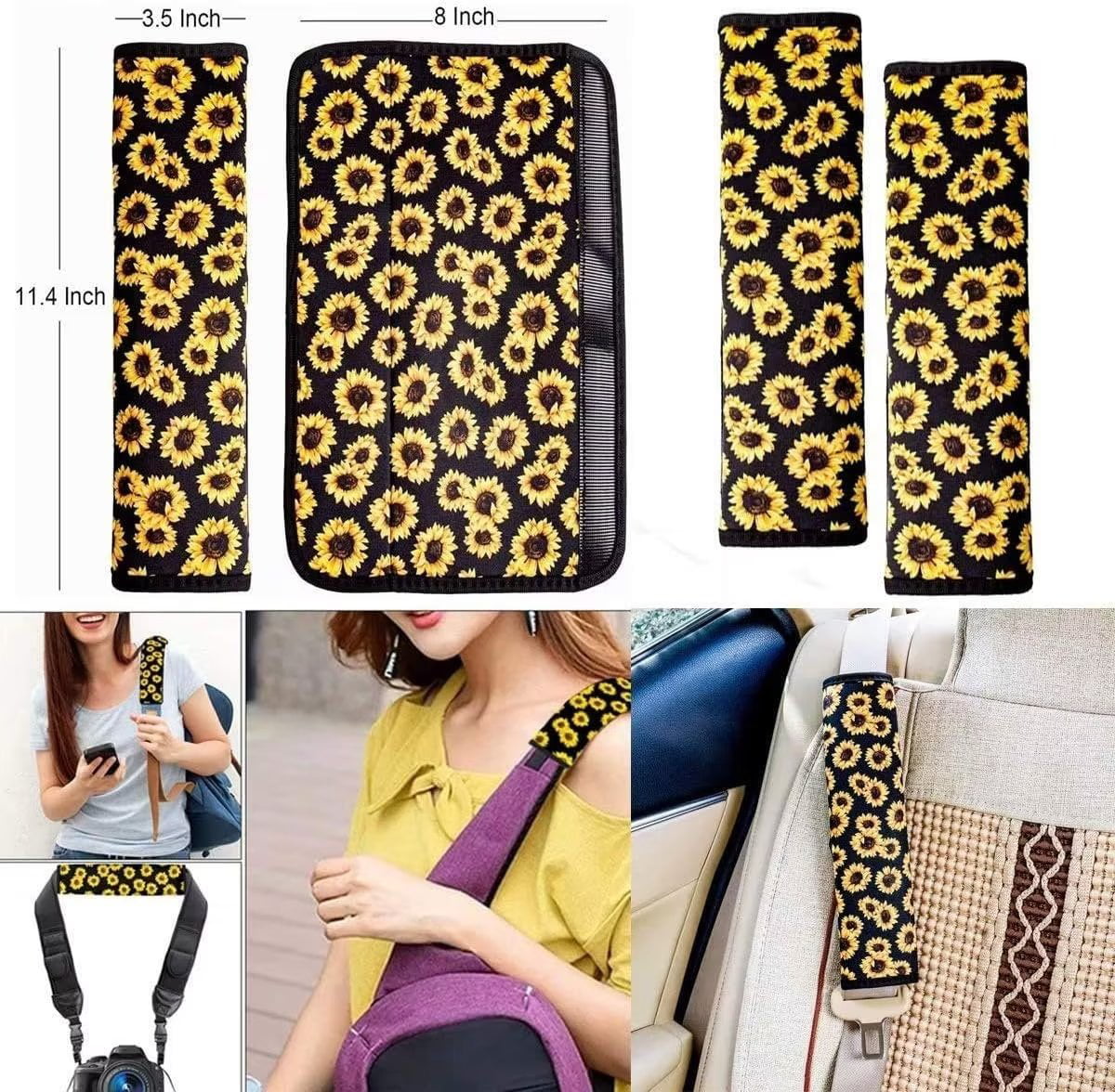 Pzuqiu Sunflower Butterfly Car Seat Covers for Women Seatbelt Covers Universal Steering Wheel Covers Automotive Interior Accessories Cup Coasters Holder Girls Keychain for Backpacks Cute