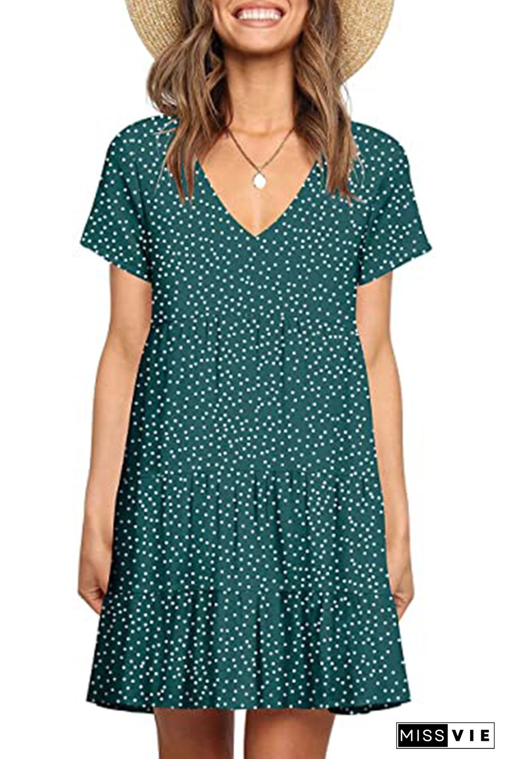 Polka Dot Print V-neck Short Sleeve Mini Dress Wholesale