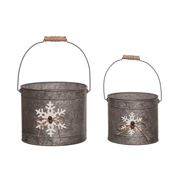 Transpac Metal 9 5 In Gray Christmas Buckets With Dimensional Snowflake Set Of 2