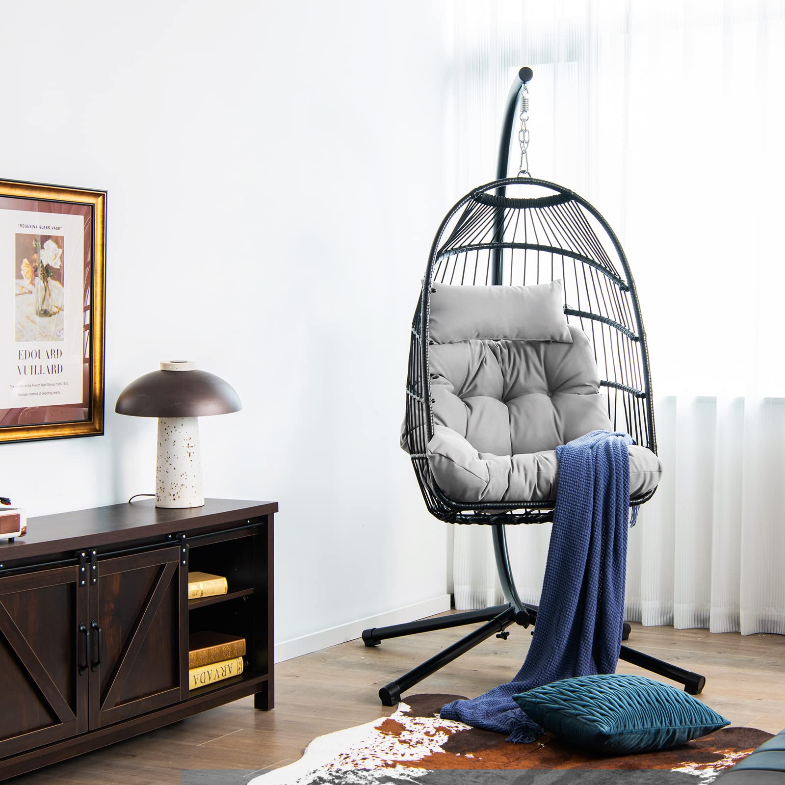 Giantex Egg Chair with Stand, Hanging Basket Chair Hammock Chair w/ Steel Stand Pillow Seat Cushion Rattan Basket & Dust Cover