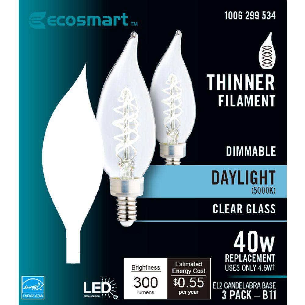 EcoSmart 40-Watt Equivalent BA11 Dimmable E12 Candelabra Fine Bendy Filament LED Vintage Edison Light Bulb Daylight (3-Pack) BA11C5E12850S