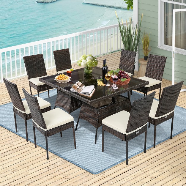 Costway 10 Pcs Patio Rattan Dining Set Glass Table High Back Chair Garden Deck Mix Brown