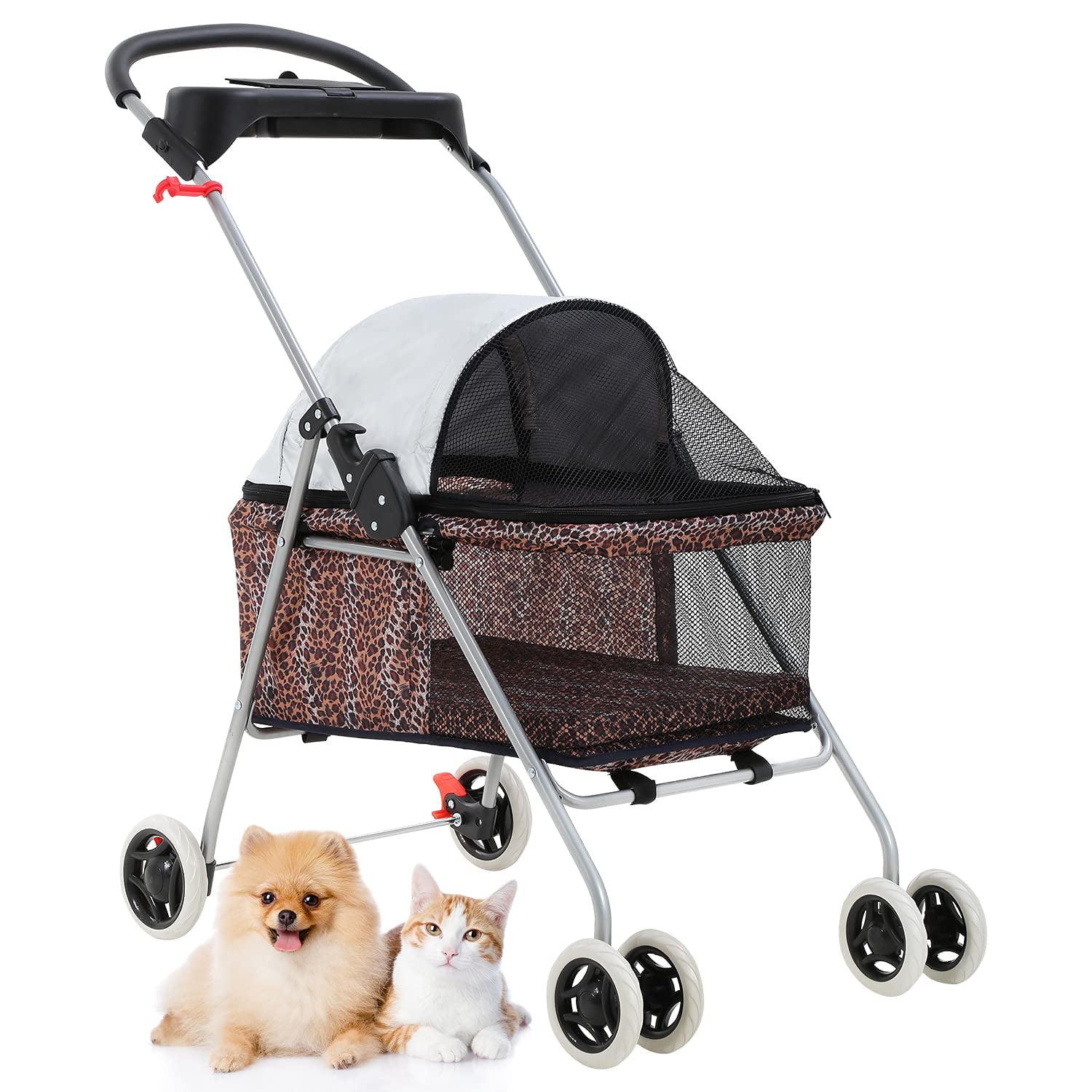 Furinno Peli Foldable Pet Stroller for Medium Size Dogs Cats with Rain Cover， Leopard Skin