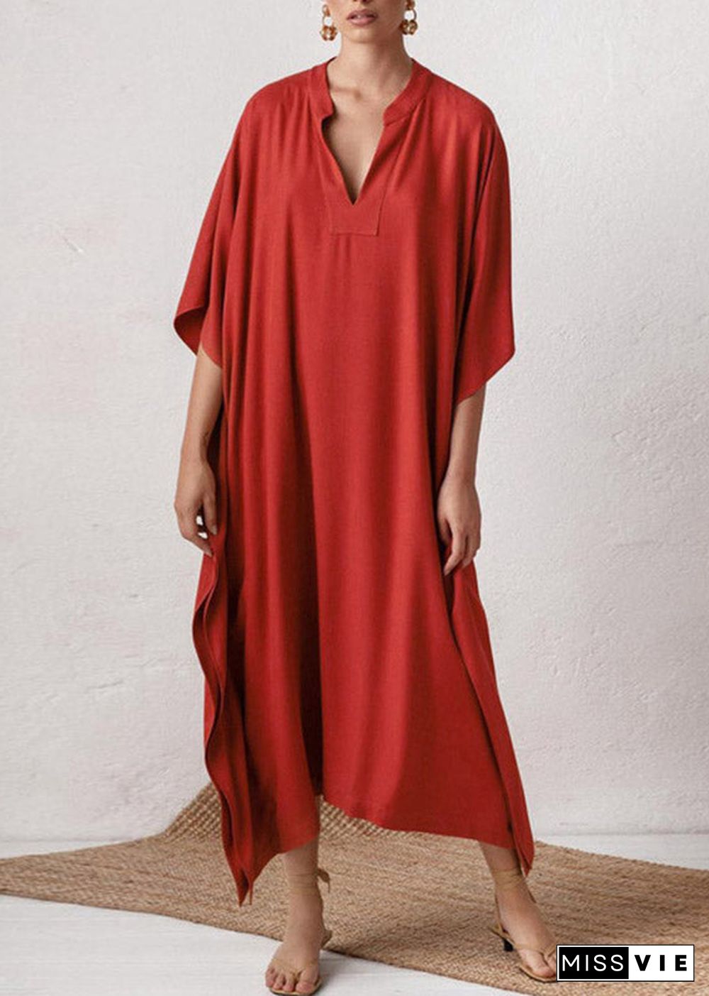 Elegant Red V Neck Side Open Solid Party Long Dress Summer