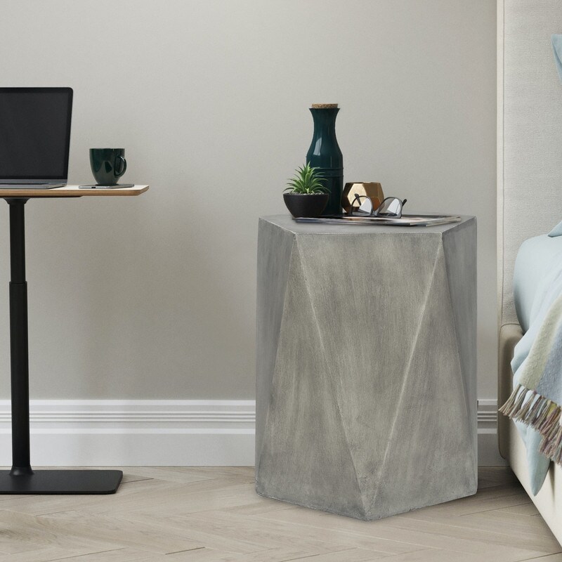 Adeco Modern Concrete End Side Table Indoor Outdoor Hexagon Accent