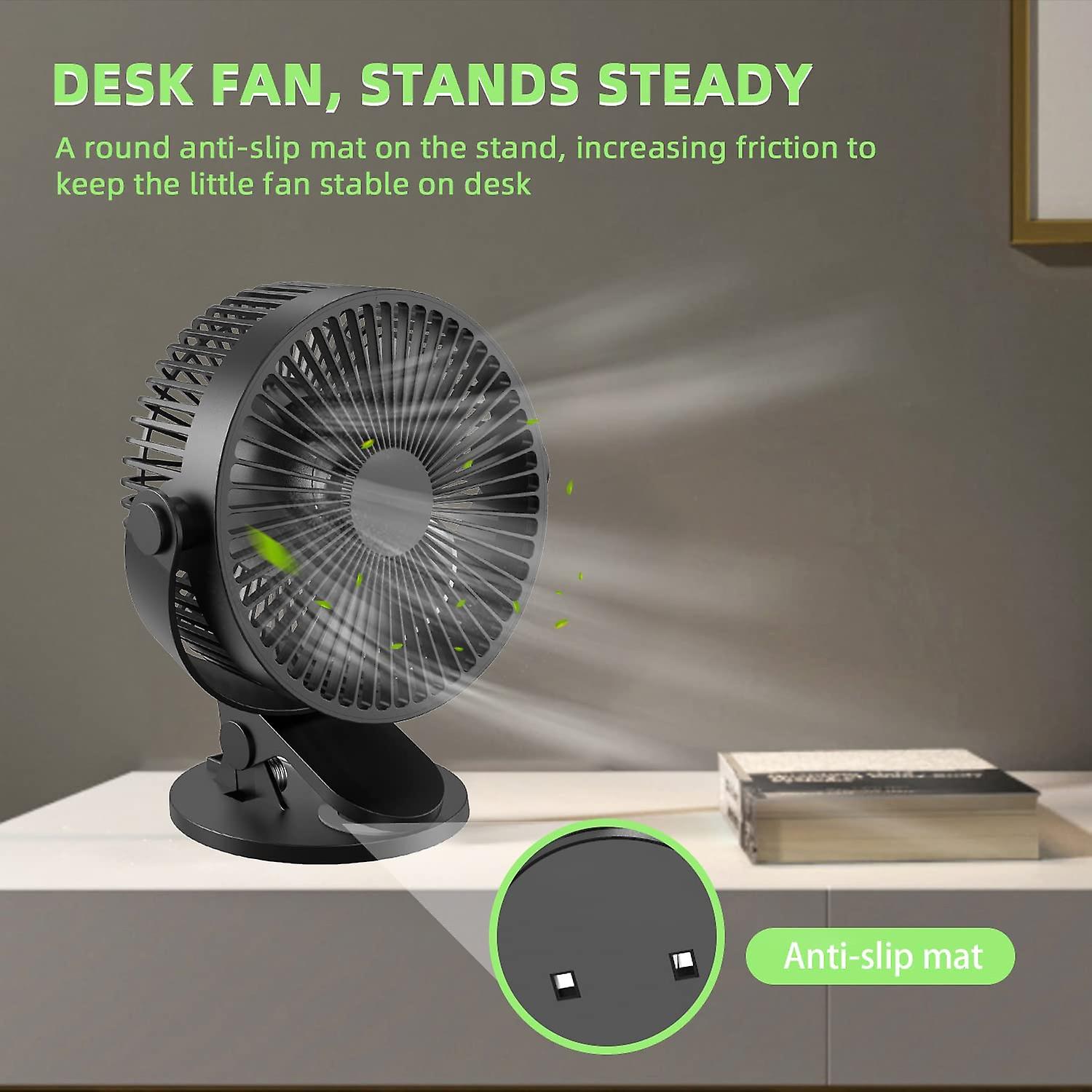 16.5cm Clip-on Desk Fan， Small 3-speed Usb Fan， Rechargeable Portable Fan， Powerful Airflow And Adjustable 360 Rotation， Usb Powered， Heavy Duty Desk