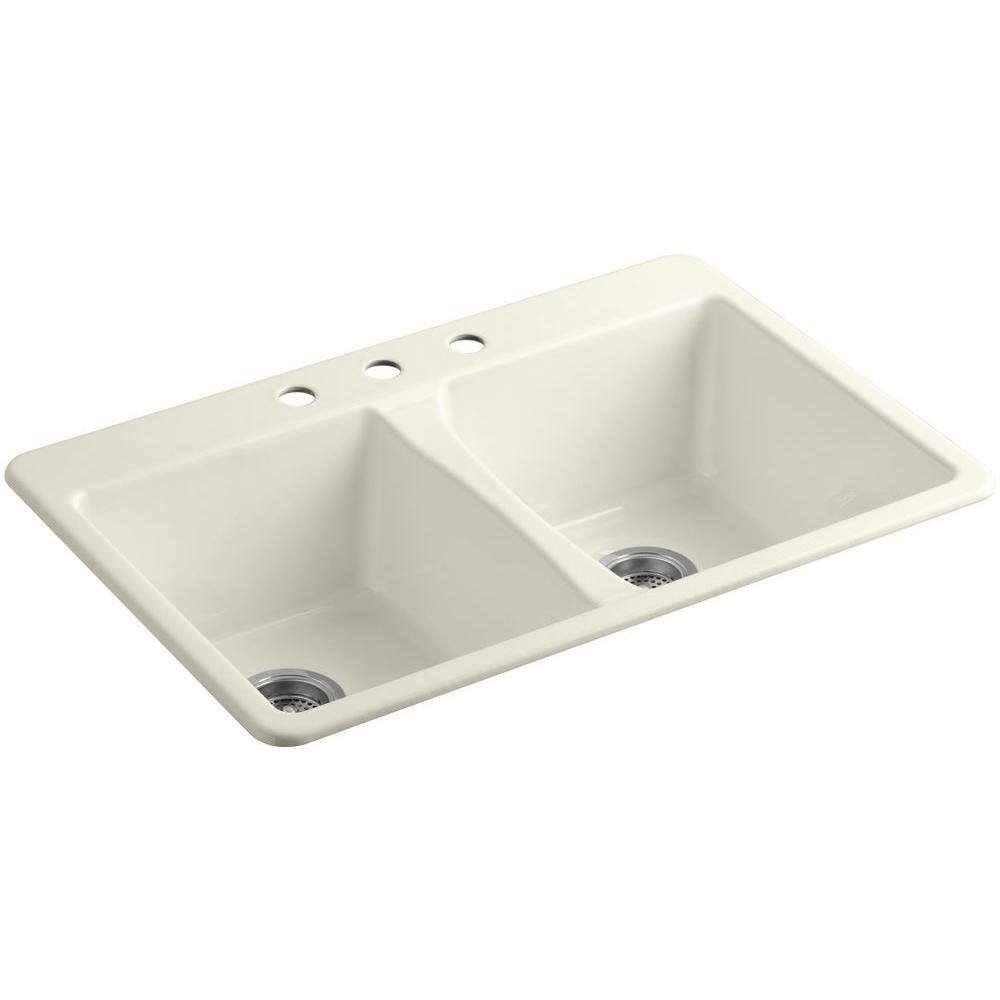 KOHLER Deerfield Drop-In Cast-Iron 33 in. 3-Hole Double Bowl Kitchen Sink in Biscuit K-5873-3-96