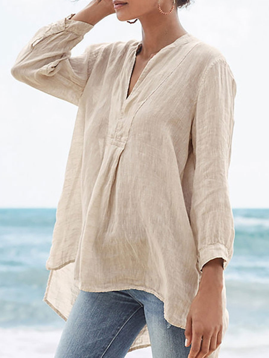 V-neck Loose Casual Solid Color Long-sleeved Blouse