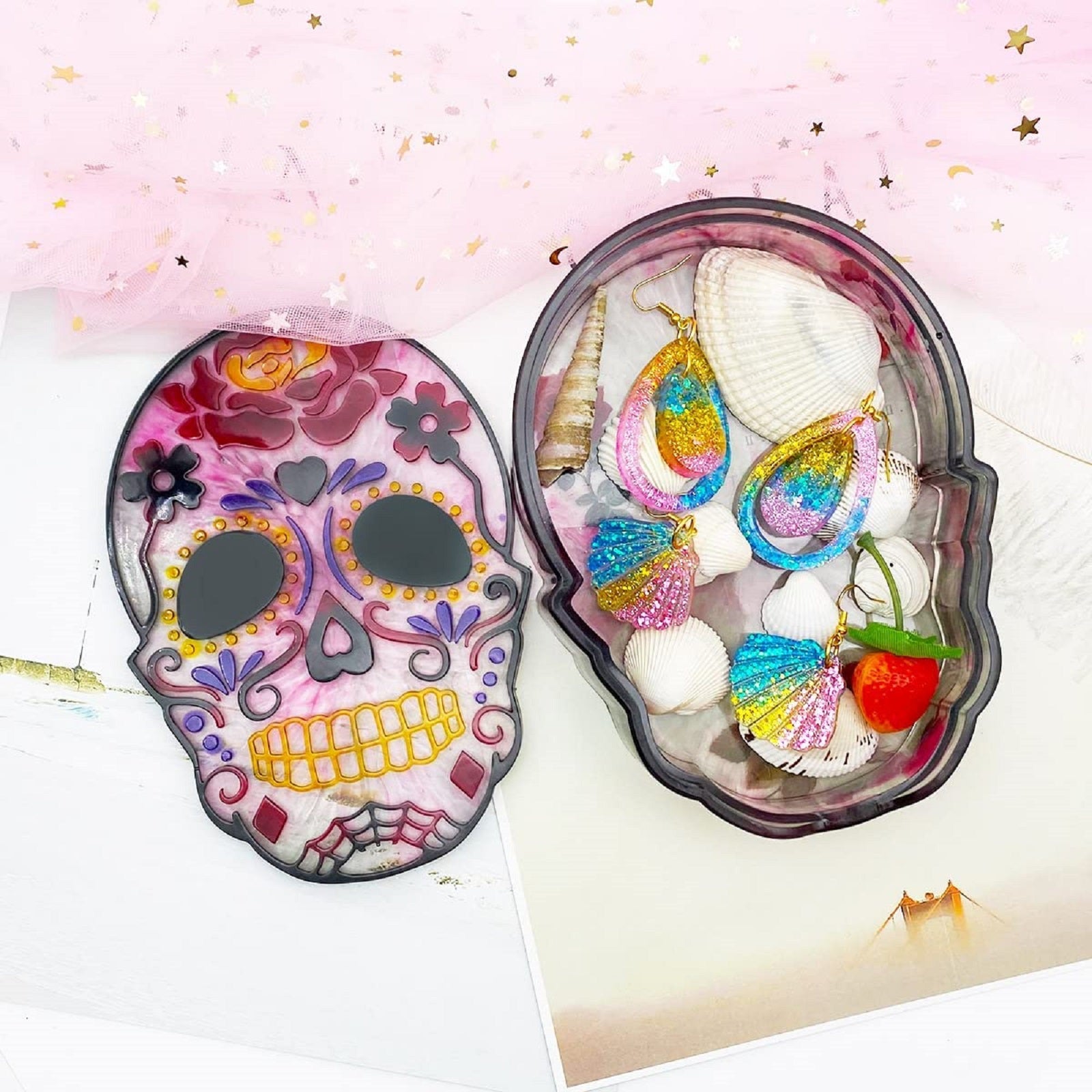 Halloween Skull Jewelry Box Resin Mold, EEEkit Large Skull Storage Box Silicone Mold with Lid, Trinket Box Epoxy Casting Mold for DIY Jewelry Container Candy Storage Gift Box, Halloween Decoration