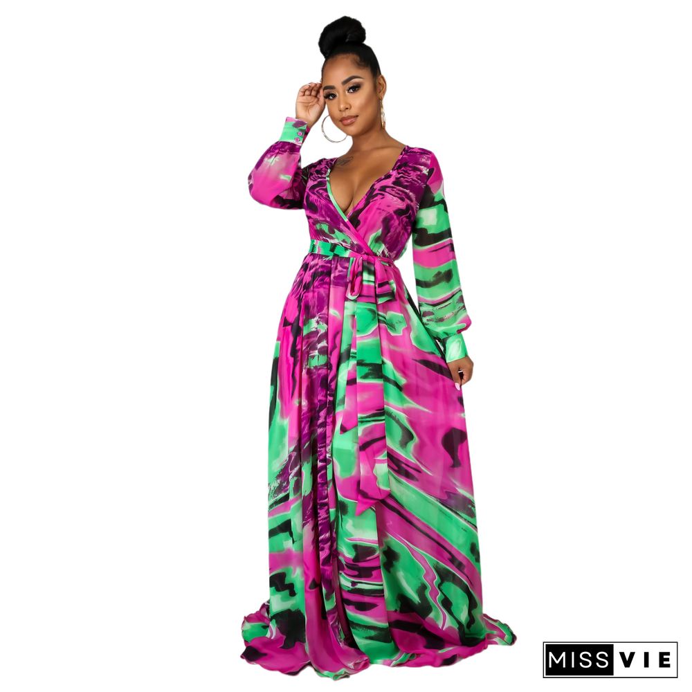 Summer Vacation Printed Long Sleeve Deep V Neck With Waist Belt A Line Women Maxi Dress