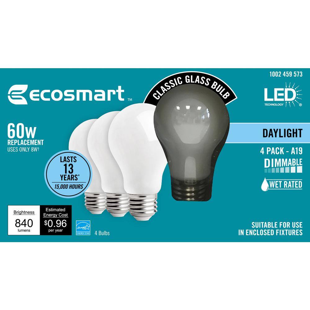 EcoSmart 60-Watt Equivalent A19 Dimmable ENERGY STAR Frosted Filament LED Light Bulb Daylight (4-Pack) B8A19A60WESQD03