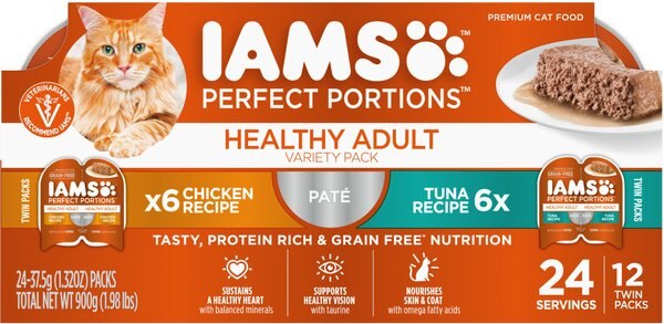 Iams Perfect Portions Healthy Adult Multipack Chicken and Tuna Recipe Pate Grain-Free Cat Food Trays