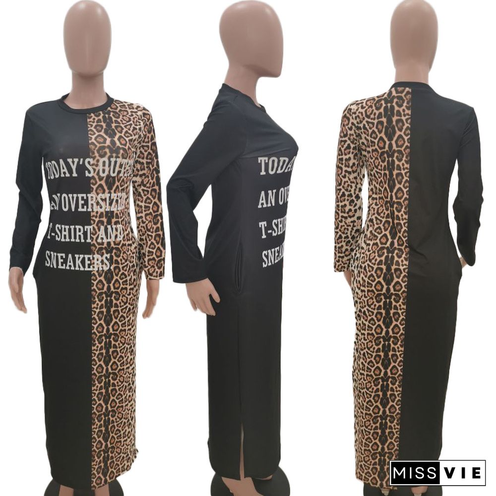 Casual Long Sleeve Leopard Letters Print Round Neck Loose Dress