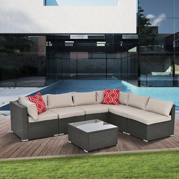 7Pcs Outdoor Sectional Furniture Set，AllWeather PE Rattan Sectional Sofa Conversation Set w/ Coffee Table and Washable Cushions