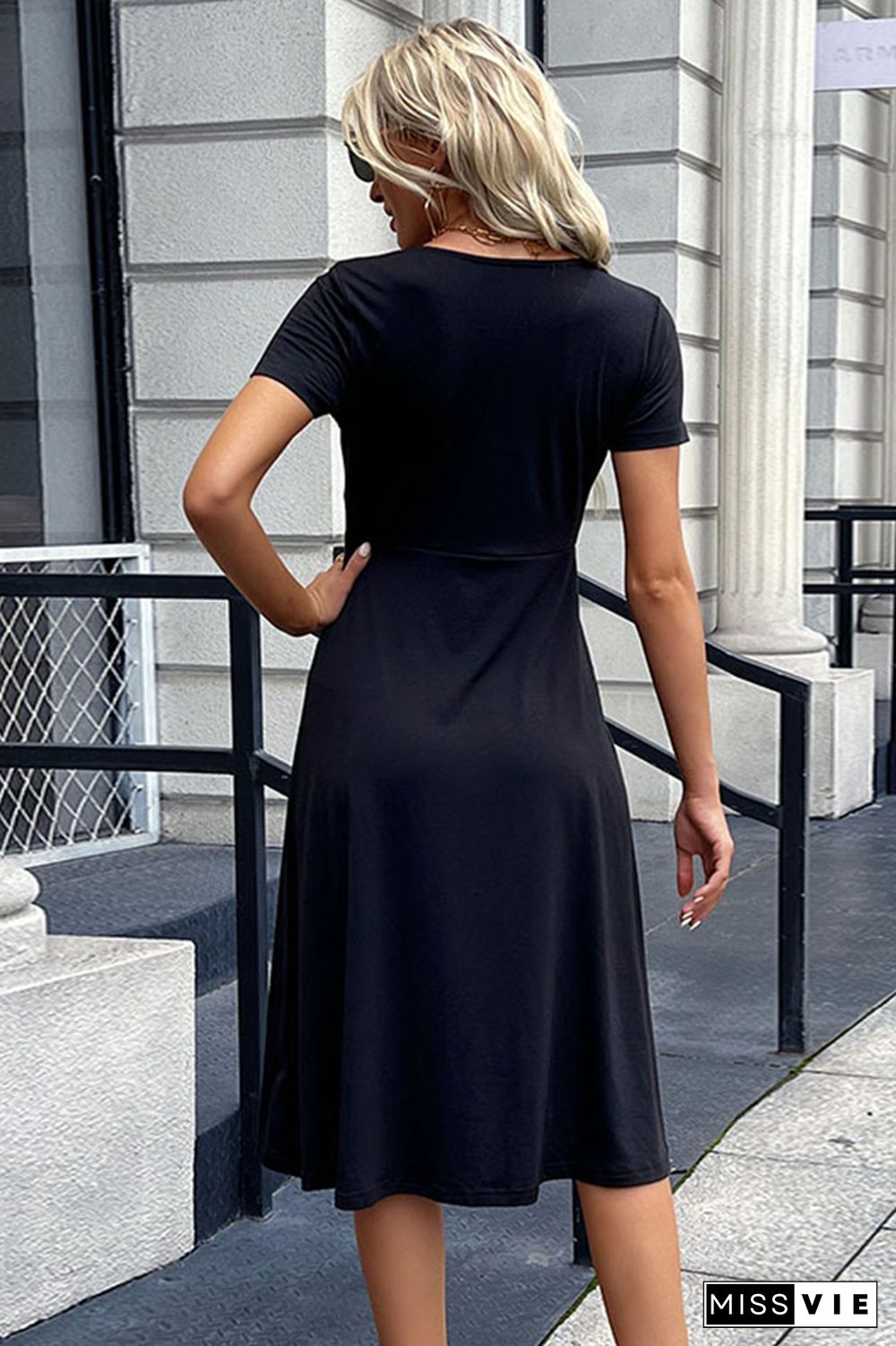 Black Short Sleeves Button Split Dress