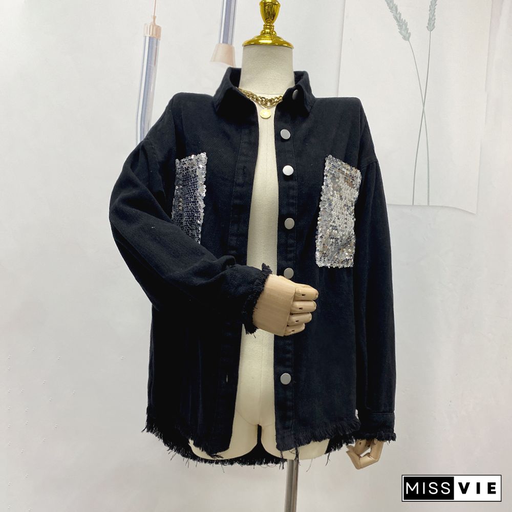 Sequin Pockets Open Button Denim Jackets