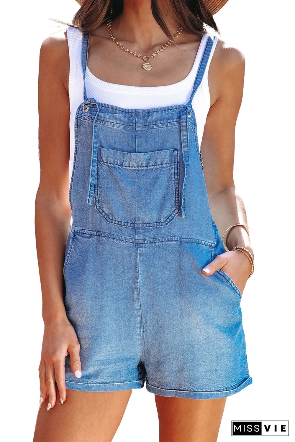 Sky Blue Grommet Tie Straps Casual Denim Romper