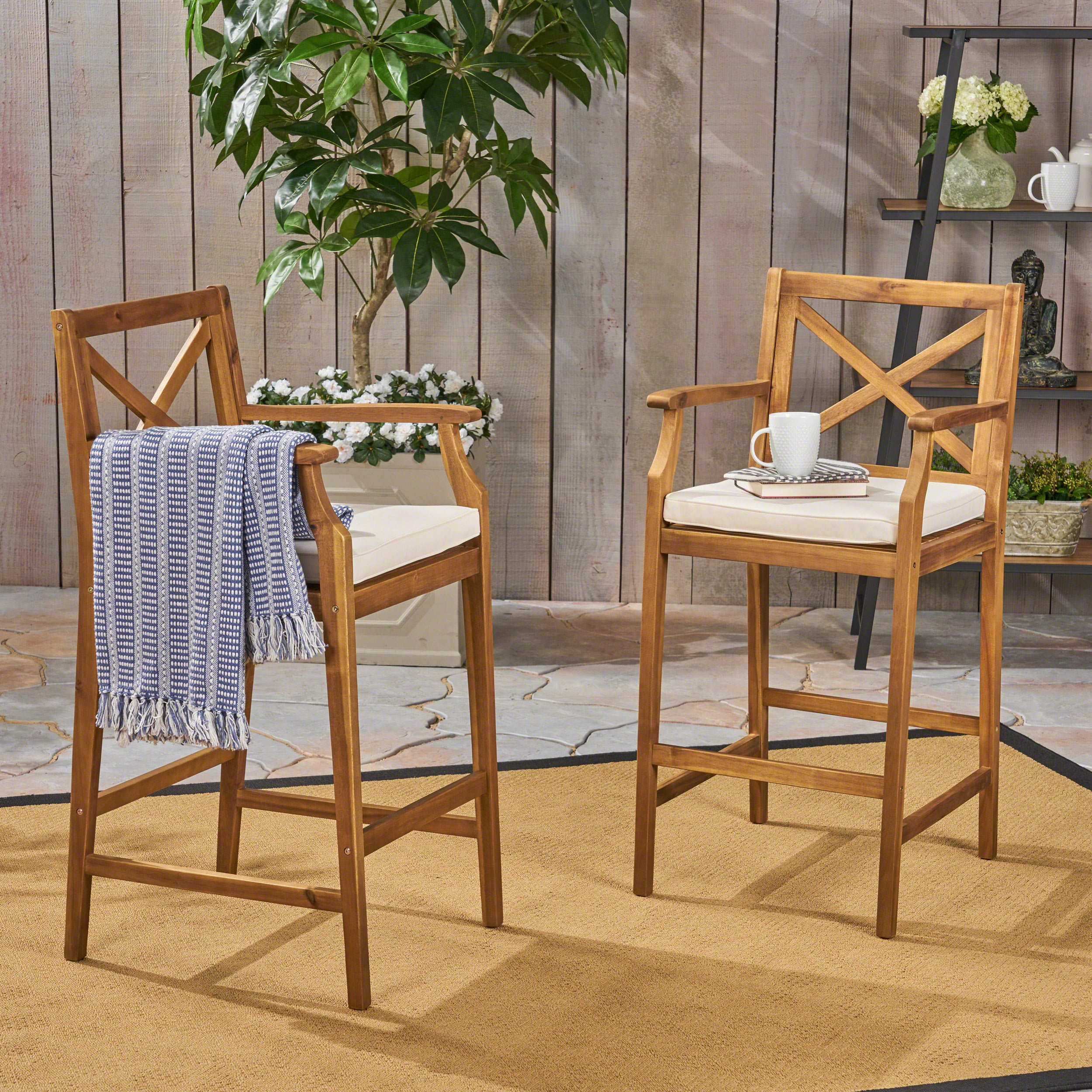 Logan Outdoor Acacia Wood Barstool (set of 2)