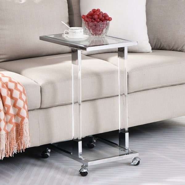 Mieres Modern Style Tempered Glass Top C Shape Side Table， Living Room Rolling End Table with Metal Frame