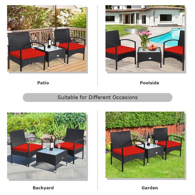 Tangkula 3 Pcs Patio Wicker Rattan Furniture Set Coffee Table amp 2 Rattan Chair W Cushion Red