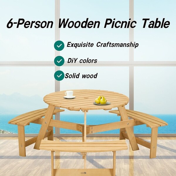 Outdoor round wooden picnic set with umbrella hole (6 persons/8 persons)