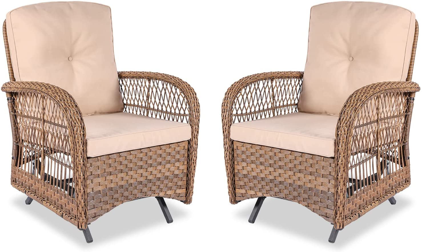 MEETWARM Outdoor Patio Wicker Rocking Glider Set of 2, All-Weather Rattan Patio Rocking Chairs with Thickened Cushions, Glider Patio Chair for Porch Garden & Backyard, Brown