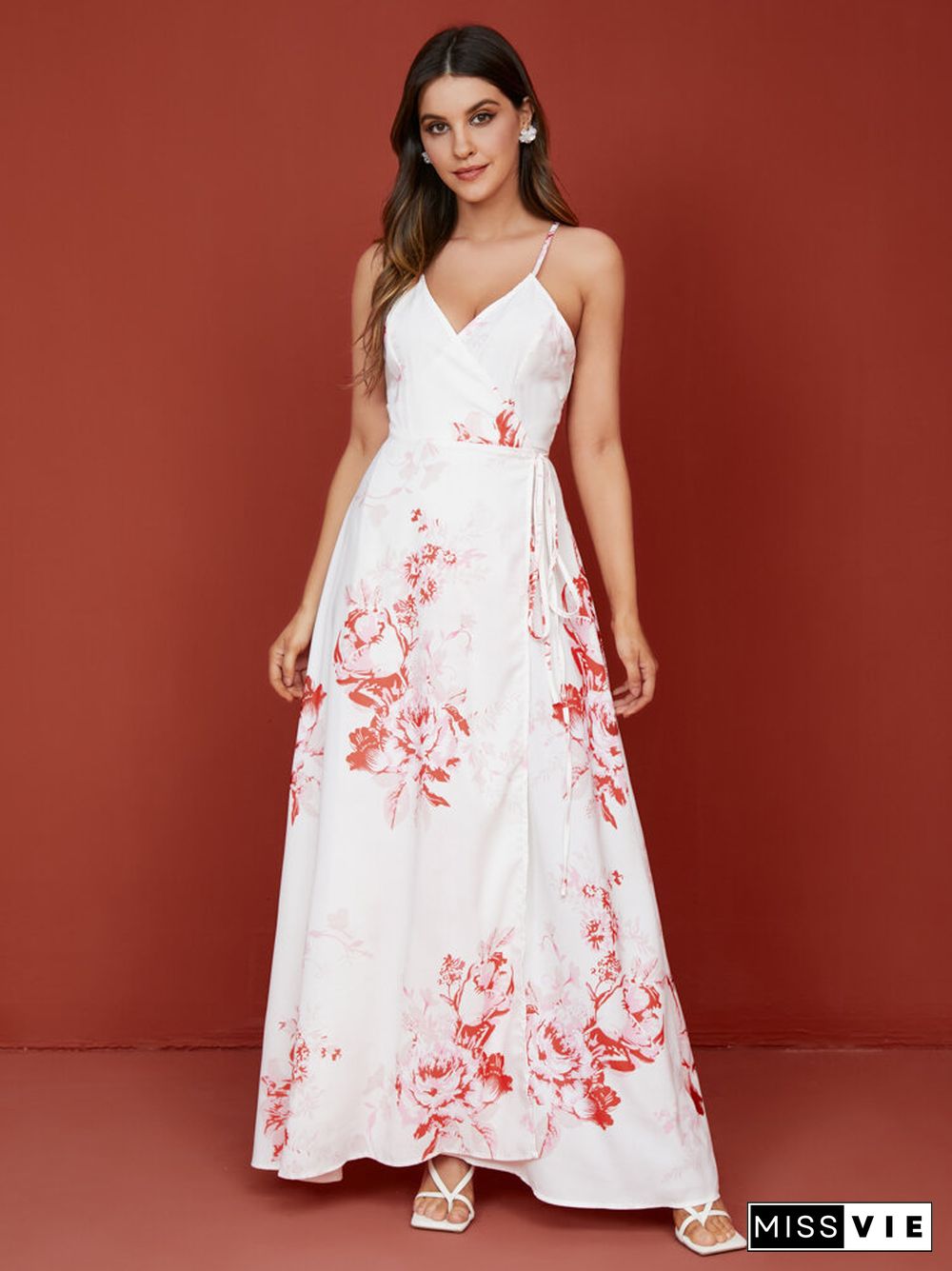 Flower Print Wrap Open Back Criss-cross Slit Maxi Dress