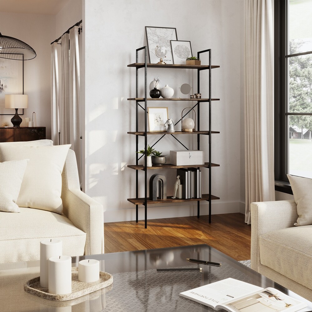 5 Tier Ladder Bookshelf   Freestanding Wooden Bookcase Frame with Leaning Look Shelves by Lavish Home (Walnut)