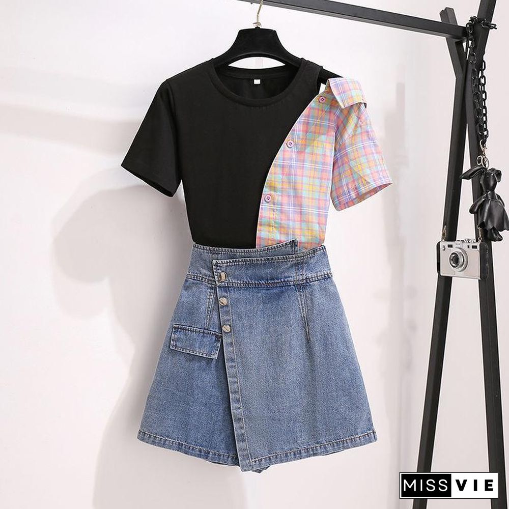 Plaid Patchwork Tee+Denim Skirt P13932