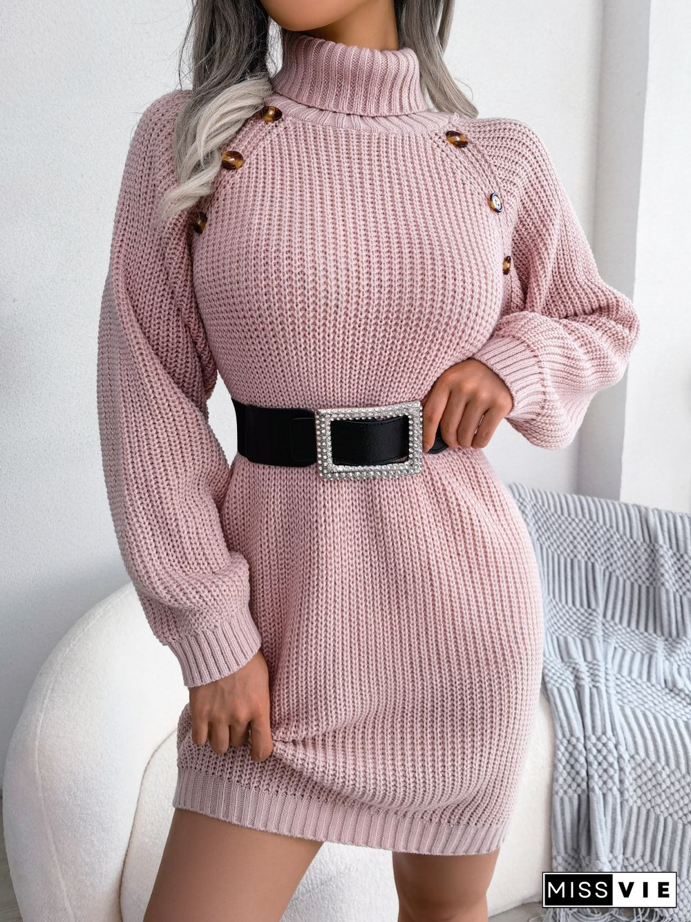 Knitted Sweater Dress For Women Autumn Winter New Casual Button High Neck Long Sleeve Mini Bottoming Sweater Dress