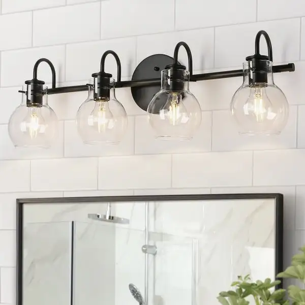 Olia Mid-Century Modern Black Linear Bathroom Vanity Lights Dimmable Clear Glass Wall Sconces