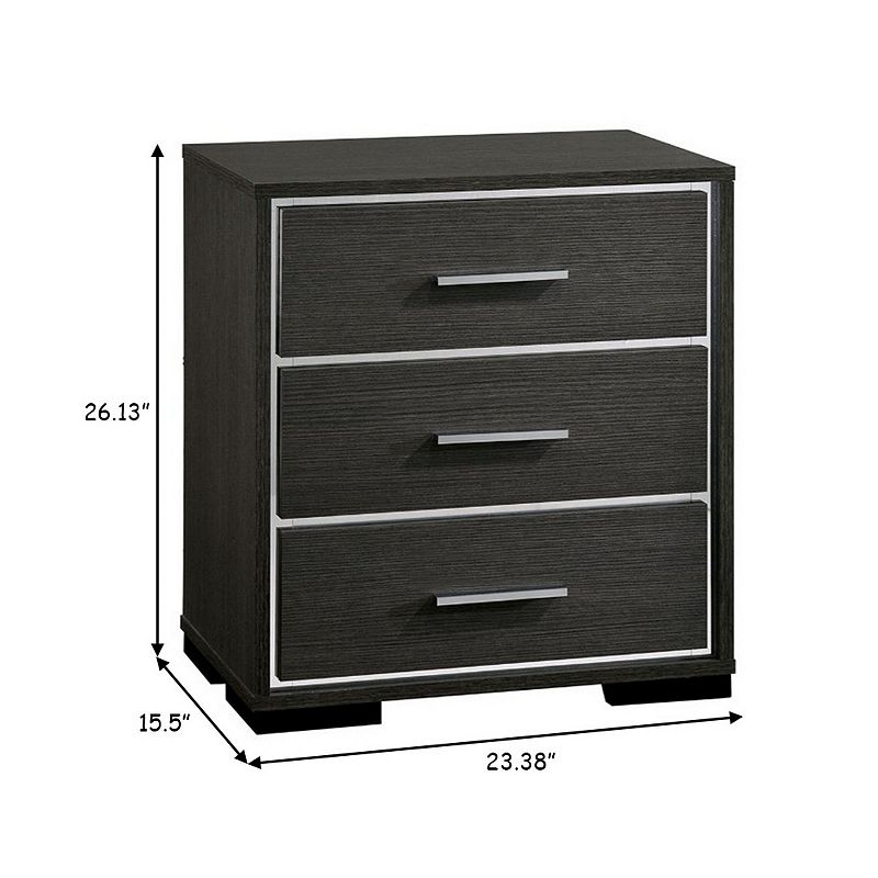 Contemporary Style Three Drawers Wooden Nightstand with Bar Handles， Dark Gray