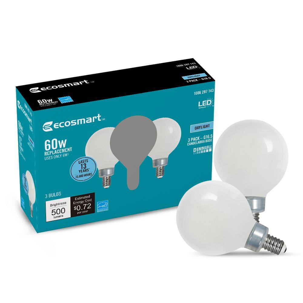 EcoSmart 60-Watt Equivalent G16.5 Dimmable ENERGY STAR CEC Filament LED Light Bulb Daylight (3-Pack) G16.5F6E12950Z