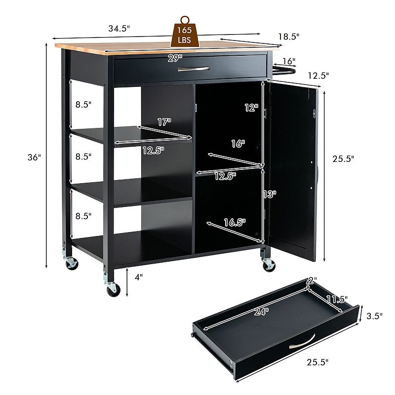 Mobile Kitchen Island Cart with Rubber Wood Top