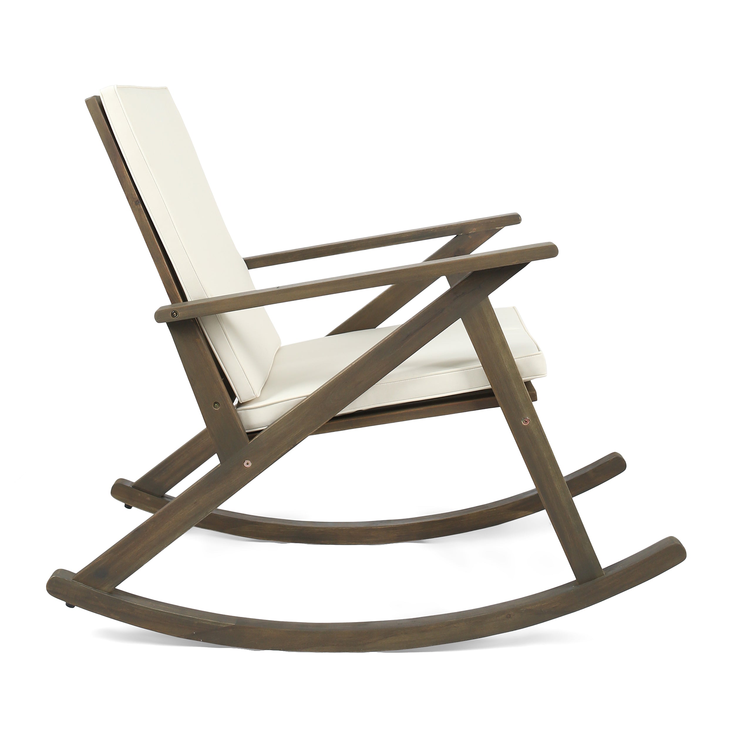 Gustavo Outdoor Acacia Wood Rocking Chair with Cushion, Grey, Cream