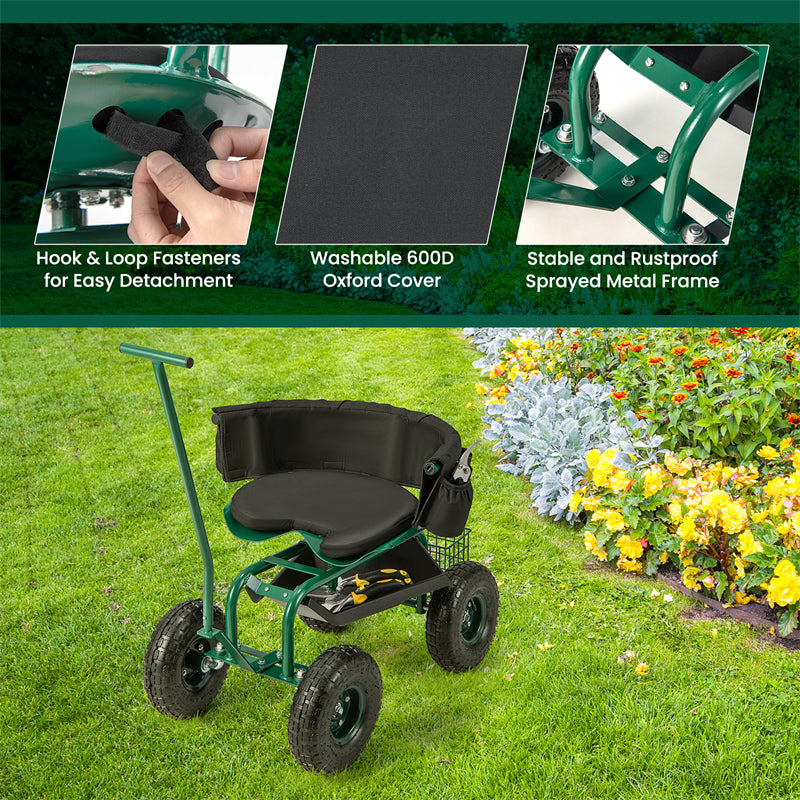 Rolling Garden Cart Gardening Workseat Adjustable Height Garden Scooter with Swivel Seat & Tool Storage