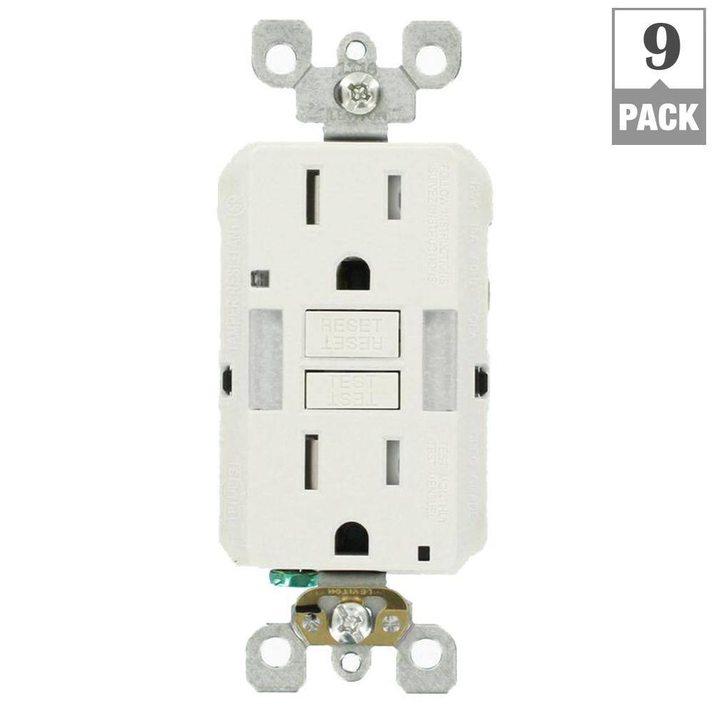 Leviton 15 Amp Self-Test SmartlockPro Combo Duplex Guide Light and Tamper Resistant GFCI Outlet White (9-Pack) VW9-GFNL1-HW9