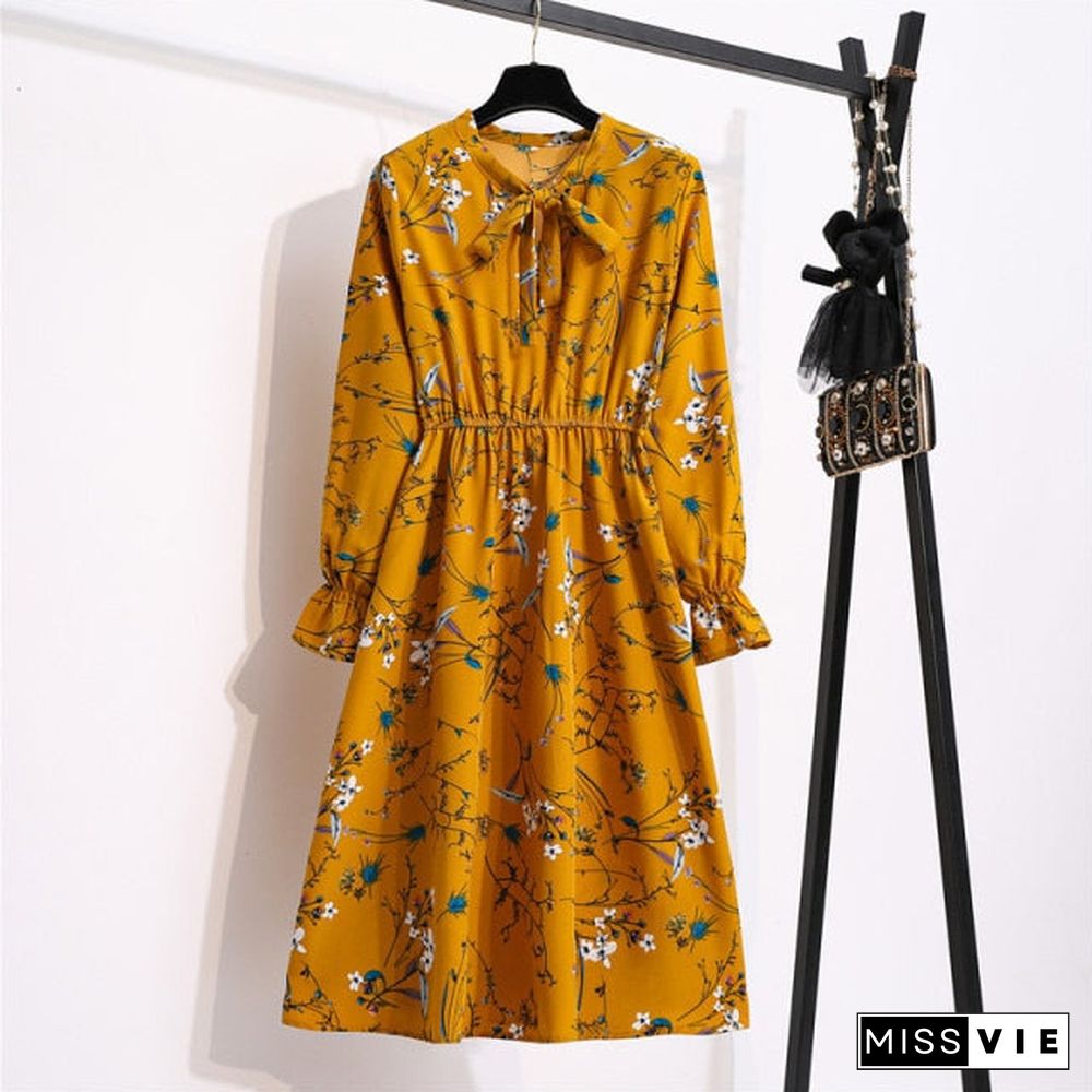 NIJIUDING Women's Chiffon Dress Female Vintage Floral Printed Long Sleeve Bow Midi Dresses Spring Autumn Flare Sleeve Vestidos