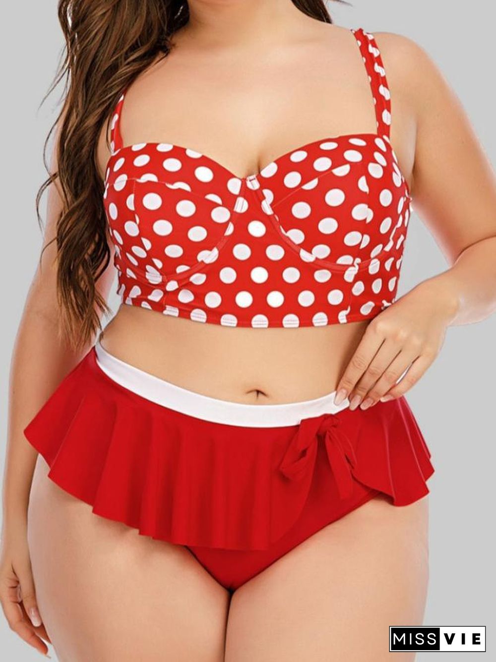 Dot Print Flounce Bow-tie Decoration Red Tankini P11287