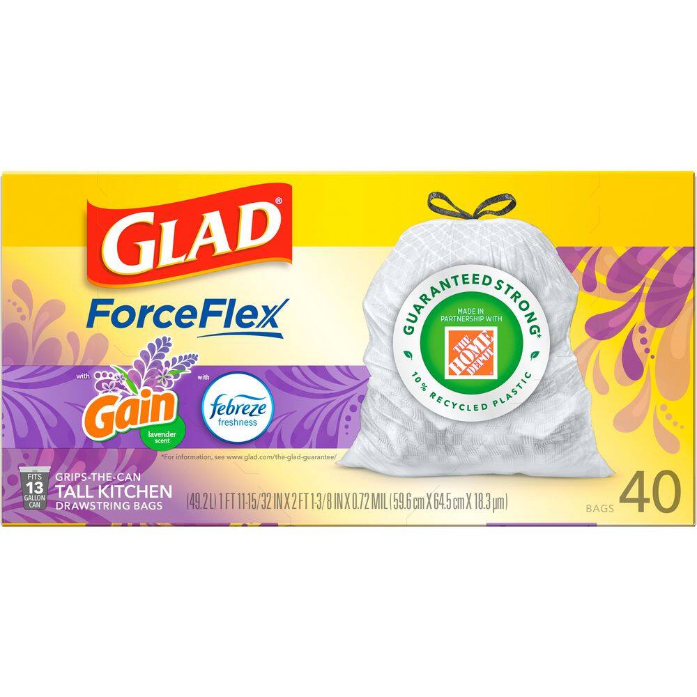 Glad Force Flex 13 Gal. Drawstring Lavender Scent Odor Shield Trash Bags (40-Count) 1258722440